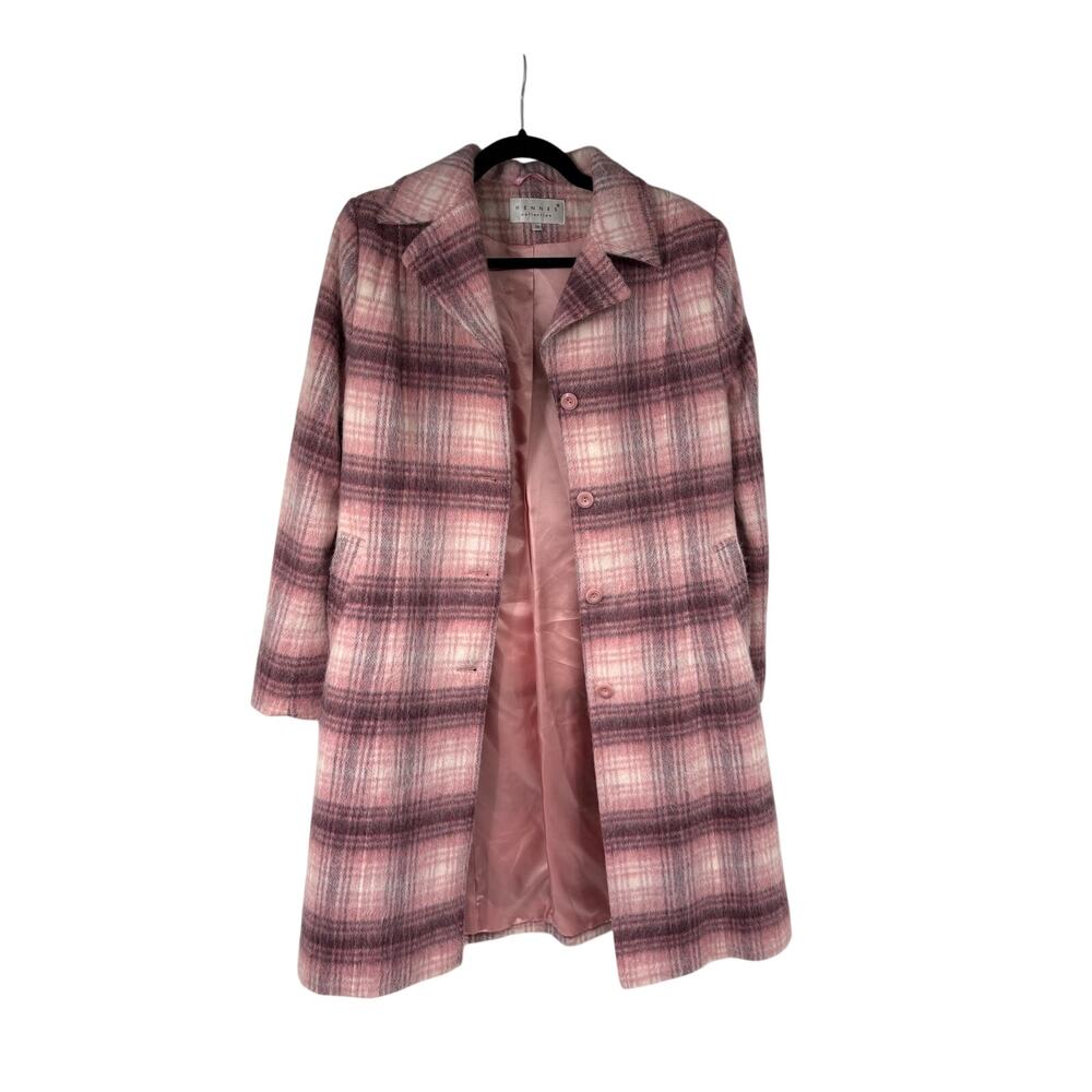 Hennes HM Pink Plaid Wool Blend Single Breasted Long Coat Womens M